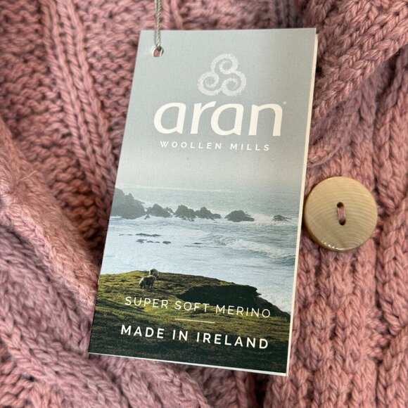 Aran Cardigan Sweater Pink Irish Cable Knit Chunky Ireland Wool Luxury Large - Picture 10 of 13